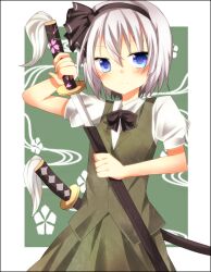  bad_id bad_pixiv_id black_hairband blue_eyes blush border bow female grey_hair hair_ribbon hairband konpaku_youmu ribbon sheath short_hair solo sword touhou unsheathing weapon yarawi 