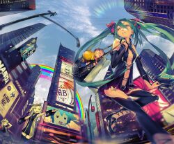  &gt;_&lt; +_+ 1boy 2girls american_flag aqua_hair bag black_skirt blonde_hair bow building chinese_commentary city cityscape closed_eyes cloud commentary_request dan_evan day handbag hatsune_miku kagamine_len kagamine_rin long_hair megurine_luka miniskirt multiple_girls new_york_city photoshop_(medium) pleated_skirt rainbow real_world_location shorts skirt skyscraper takoluka thighhighs times_square topless_male twintails united_states vest vocaloid 