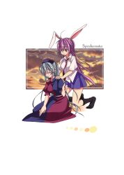  2girls animal_ears black_legwear closed_eyes crescent doujinshi dress_shirt grey_hair hair_over_one_eye hat highres kneehighs kneeling long_hair massage multiple_girls necktie nurse_cap pleated_skirt purple_hair rabbit_ears red_eyes reisen_udongein_inaba riku_yama scan shirt shoulder_massage skirt socks thumbs_up touhou yagokoro_eirin 