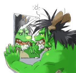  anthro asian_mythology biceps black_hair brush brushing dragon east_asian_mythology eastern_dragon gamma-g green_body green_skin hair horn low_res male mirror morenatsu muscular mythological_creature mythological_scalie mythology open_mouth scalie solo tatsuki_(morenatsu) teeth toothbrush 