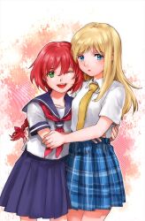  2girls bad_id bad_pixiv_id blonde_hair blue_eyes blue_skirt braid darker_than_black green_eyes highres long_hair miniskirt multiple_girls necktie one_eye_closed photoshop_(medium) plaid plaid_skirt pleated_skirt red_hair school_uniform serafuku single_braid skirt suou_pavlichenko tanya_(darker_than_black) uisckey 