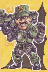  1boy armor boots cigar commentary_request facial_hair halo_(series) hanausagi3627 hat highres male_focus moustache sergeant_johnson solo spartan_laser 