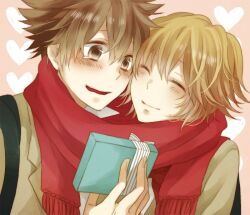  artist_request blush brown_eyes brown_hair closed_eyes couple female gift holding holding_gift katekyo_hitman_reborn! red_scarf sasagawa_kyouko sawada_tsunayoshi scarf shared_scarf smile straight upper_body 