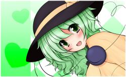  bakko black_hat blush closed_eyes commentary_request female green_eyes green_hair hat heart heart_of_string komeiji_koishi looking_at_viewer looking_to_the_side shirt smile solo third_eye touhou upper_body wavy_hair yellow_shirt 