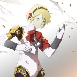  aegis_(persona) android armband bad_id bad_pixiv_id blonde_hair blue_eyes bow female finger_cannon gun persona persona_3 shell_casing short_hair smoke smoking_barrel solo ultra00 weapon 