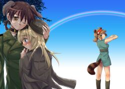  3girls animal_ears bad_id bad_pixiv_id blonde_hair blue_eyes blush boots brown_eyes brown_hair cat_ears cat_girl cat_tail dog_ears dog_girl gertrud_barkhorn hat helma_lennartz hug long_hair looking_back military military_uniform multiple_girls niina_ryou one_eye_closed original outstretched_arms photoshop_(medium) rainbow smile stretching strike_witches strike_witches:_suomus_misfits_squadron tail tears uniform world_witches_series yuri 