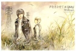  2boys animification bad_deviantart_id bad_id banp bigbang black_eyes black_hair g-dragon gloves grass hair_over_one_eye jacket k-pop multiple_boys outdoors painting_(medium) power_lines profile real_life t.o.p_(bigbang) traditional_media vest watercolor_(medium) watermark white_hair 