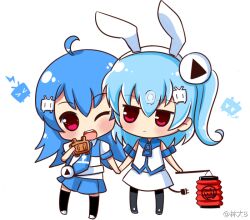  &gt;_&lt; 2girls ahoge animal_ears aqua_hair armband bad_link bili_girl_22 bili_girl_33 bilibili blue_hair chibi closed_eyes hair_ornament holding_hands lantern lightning_bolt_symbol linda_b long_hair multiple_girls necktie no_nose one_eye_closed one_side_up open_mouth pantyhose photoshop_(medium) power_strip rabbit_ears red_eyes signature silhouette simple_background skirt teeth television thighhighs 