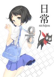  bag black_eyes black_hair blue_skirt commentary_request feline female from_behind highres looking_at_viewer looking_back maeda_risou miniskirt nichijou photoshop_(medium) pleated_skirt sakamoto_(nichijou) scarf school_uniform serafuku shinonome_nano short_hair skirt smile tokisadame_school_uniform winding_key 