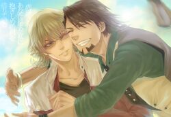  2boys bad_id bad_pixiv_id barnaby_brooks_jr. blonde_hair brown_hair burn_(515123013) facial_hair glasses green_eyes grin hug jacket jewelry kaburagi_t._kotetsu male_focus multiple_boys necklace necktie red_jacket smile stubble tiger_&amp;_bunny translation_request vest waistcoat wince 