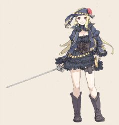  bad_id bad_pixiv_id bandana blonde_hair boots coin_(ornament) commentary_request corset dancer enkyo_yuuichirou female holster light_smile long_hair painttool_sai_(medium) pixiv_fantasia pixiv_fantasia_wizard_and_knight rapier red_eyes simple_background solo sword thigh_holster weapon 