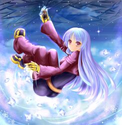  blue_hair bodysuit boots breasts commentary_request crystal female gloves ice kula_diamond long_hair medium_breasts puracotte purple_bodysuit red_eyes shooting_star snowflakes solo the_king_of_fighters thighhighs 