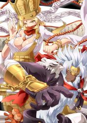  arai_nobu armor bad_id bad_pixiv_id beads beard blonde_hair bracelet breasts chains circlet cleavage crown dark_skin digimon digimon_(creature) facial_hair female gloves gokuwmon jewelry large_breasts long_hair necklace no_bra prayer_beads red_eyes sanzomon scarf stuffed_animal stuffed_toy white_hair yellow_eyes 