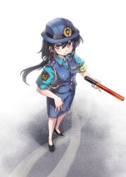  armband black_hair chiba_(city) commentary_request female female_service_cap from_above hair_ribbon hat highres kanbe_ami long_hair matsudo_(chiba) nanaroku_(fortress76) official_art orange_eyes original pencil_skirt photoshop_(medium) police police_hat police_uniform policewoman ponytail public_service_announcement ribbon shoes skirt solo standing traffic_baton traffic_officer uniform vest 