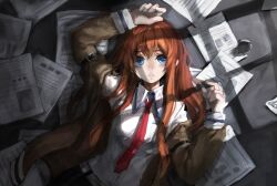  arm_up bad_id bad_pixiv_id blue_eyes brown_hair female jacket long_hair looking_at_viewer lying makise_kurisu necktie on_back paper photoshop_(medium) red_necktie shade silverwing solo steins;gate upper_body window_shadow 