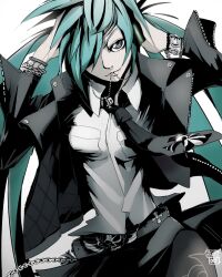  aqua_eyes aqua_hair bracelet commentary_request female hair_over_one_eye hatsune_miku jacket jewelry jinbei long_hair mouth_hold necklace necktie solo twintails vocaloid 