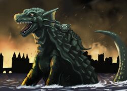  carrying city commentary_request fins fire gorgo gorgo&#039;s_mother gorgo_(movie) head_fins kaijuu london monster mother_and_son no_humans nyoruniru o_o open_mouth partially_submerged photoshop_(medium) piggyback silhouette tail tokusatsu water 