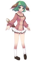  animal_ears blush breasts commentary_request dress female green_eyes green_hair highres kasodani_kyouko medium_breasts open_mouth pink_dress sakimori_dan short_hair skirt solo standing tail touhou 