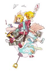  1boy 4_(nakajima4423) aqua_eyes back-to-back bad_id bad_pixiv_id bandaid blonde_hair blowing_bubbles brother_and_sister candy chewing_gum cup female food fork gumball hair_ornament hair_ribbon hairclip jewelry kagamine_len kagamine_rin leggings map necklace open_mouth paper_airplane ribbon short_hair shorts shovel siblings sitting toothbrush twins vocaloid 