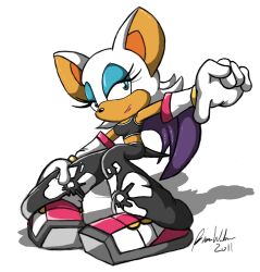  2011 anthro bat blue_eyes bottomwear clothing female footwear gloves hair half-closed_eyes handwear mammal midriff narrowed_eyes pants rouge_the_bat sega shoes solo sonic_riders sonic_the_hedgehog_(series) trowelhands white_clothing white_hair wings 