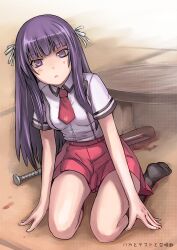  baka_to_test_to_shoukanjuu baseball_bat black_socks blood blood_stain blush commentary_request female kirishima_shouko kneehighs long_hair looking_at_viewer nail nail_bat necktie open_mouth photoshop_(medium) purple_hair school_uniform sitting skirt socks solo tea_(nakenashi) 