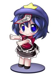  bad_id bad_pixiv_id black_skirt blue_eyes blue_hair chibi faux_figurine female hat hat_ornament jiangshi layered_skirt medium_skirt miyako_yoshika ofuda outstretched_arms shinjitsu short_hair skirt smile solo star_(symbol) star_hat_ornament touhou zombie_pose 