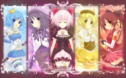  5girls akemi_homura akemi_homura_(magical_girl) apple armband black_hair blonde_hair blue_eyes blue_hair cape closed_eyes column_lineup commentary_request compilation crescent crown drill_hair food fruit gloves hair_ornament hairband hat kaname_madoka kaname_madoka_(magical_girl) long_hair mahou_shoujo_madoka_magica mahou_shoujo_madoka_magica_(anime) miki_sayaka miki_sayaka_(magical_girl) miniskirt multiple_girls navel open_mouth panties panties_under_pantyhose pantyhose pink_hair ponytail purple_hair red_eyes red_hair sakura_kyoko sakura_kyoko_(magical_girl) short_hair skirt sword tenhi_tsukitori thighhighs tomoe_mami tomoe_mami_(magical_girl) twin_drills twintails underwear weapon yellow_eyes 