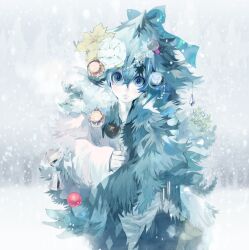  bell blue_eyes bullet christmas christmas_tree christmas_tree_costume commentary_request cross explosive female flower ghillie_suit grenade original ornament photoshop_(medium) snowing solo temoshi 