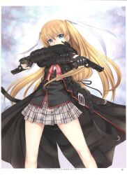  blonde_hair blue_eyes bow coat crossed_arms dual_wielding female fingerless_gloves gloves gun hair_ribbon handgun highres holding little_busters! little_busters!_school_uniform long_hair m1911 mikazuki_akira! miniskirt overcoat photoshop_(medium) pink_bow plaid plaid_skirt pleated_skirt ribbon school_uniform skirt smile solo standing tokido_saya weapon weiss_schwarz white_skirt 