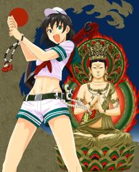  beads belt bodhyangi_mudra brown_hair buddha commentary_request crop_top crop_top_overhang female green_eyes groin hat long_earlobes lotus_pedestal lotus_position mala_(object) midriff mudra murasa_minamitsu navel open_mouth prayer_beads sailor scroll short_hair shorts solo touhou tsurui urna vairocana vajra_mudra white_shorts 