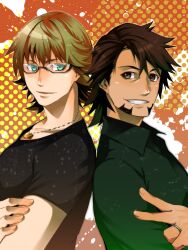  2boys aqua_eyes bad_id bad_pixiv_id barnaby_brooks_jr. blonde_hair blue_eyes brown_eyes brown_hair crossed_arms facial_hair glasses grin highres jacket jewelry kaburagi_t._kotetsu male_focus multiple_boys necklace red_jacket ring sakichi shirt smile stubble t-shirt tiger_&amp;_bunny wedding_ring 