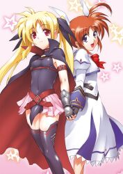  2girls arm_belt back-to-back belt blonde_hair blue_eyes brown_hair cape chest_belt commentary_request fate_testarossa fate_testarossa_(lightning_form) fingerless_gloves gloves henshako highres long_hair lyrical_nanoha mahou_shoujo_lyrical_nanoha mahou_shoujo_lyrical_nanoha_a&#039;s multiple_girls photoshop_(medium) red_belt red_eyes showgirl_skirt takamachi_nanoha takamachi_nanoha_(sacred_mode) thighhighs twintails two-sided_cape two-sided_fabric 