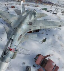  1boy aircraft airplane car commentary_request damaged denim drum_(container) female fighter_jet footprints from_above gloves hat jeans jet johannes_voss junk ladder left-hand_drive military military_vehicle motor_vehicle original pants perspective photorealistic photoshop_(medium) realistic rust scarf scenery signature snow su-37 tree vehicle_focus winter 