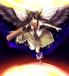  arm_cannon black_socks blouse bow brown_eyes brown_hair cape commentary_request female fire green_skirt hairbow long_hair mikanbako_(rakkyasato) reiuji_utsuho shirt shoes skirt socks solo sun third_eye touhou weapon wings 