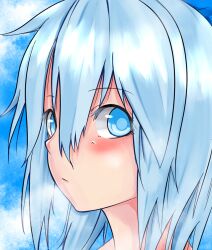  blue_eyes blue_hair blush cirno close-up commentary_request day female looking_at_viewer mikanbako_(rakkyasato) portrait profile solo touhou 