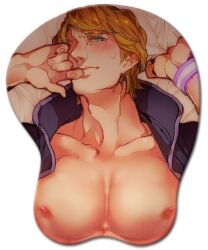  1boy blonde_hair blue_eyes blush breast_mousepad commentary_request jacket keith_goodman male_focus mousepad_(medium) nipples open_clothes open_jacket sachiko_(omame) solo sweatdrop tiger_&amp;_bunny 