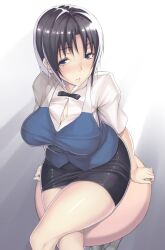  asa_(xametaler) black_hair black_skirt blush commentary_request crossed_legs curvy female from_above miniskirt pencil_skirt shirafuji_kyouko short_hair sitting skirt solo stool thighs working!! 