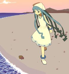  beach blue_eyes blue_hair commentary_request dress female hat hermit_crab ikamusume kenja_tori long_hair shinryaku!_ikamusume solo tentacle_hair 