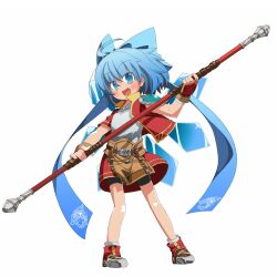  ahoge aqua_eyes aqua_hair belt bike_shorts blue_eyes blue_hair blush bo_staff bow cirno commentary_request cosplay dress eiyuu_densetsu estelle_bright estelle_bright_(cosplay) female fingerless_gloves full_body gloves gym_shorts hairbow highres holding isoroku_(gojuuroku) miniskirt open_mouth red_skirt ribbon shoes shorts skirt smile solo sora_no_kiseki striped_clothes striped_skirt touhou weapon wings 