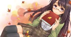  autumn autumn_leaves black_hair black_thighhighs blush book bow braid brown_dress brown_hair cardigan commentary_request courreges_ace dress female ginkgo_tree glasses hair_ornament hairbow hairclip hands holding holding_book jacket leaf lips long_hair looking_up maple_leaf open_clothes open_jacket original photoshop_(medium) plaid plaid_dress purple_eyes red_eyes semi-rimless_eyewear shirt smile solo thighhighs twin_braids under-rim_eyewear zettai_ryouiki 