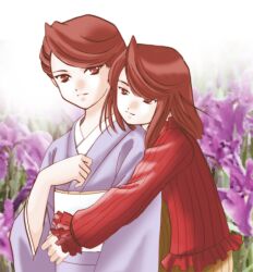  2girls brown_eyes brown_hair commentary_request flower fujieda_ayame fujieda_kaede hug japanese_clothes kimono lucentia multiple_girls photoshop_(medium) sakura_taisen sakura_taisen_ii short_hair siblings sisters sweater 