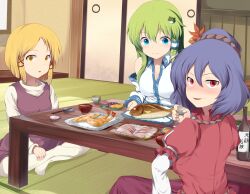  3girls bad_id bad_pixiv_id blonde_hair blue_eyes breasts cleavage fish_(food) food green_hair kochiya_sanae looking_at_viewer medium_breasts mizukami_ryouma moriya_suwako multiple_girls purple_hair red_eyes sitting touhou yasaka_kanako yellow_eyes 