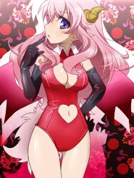  baka_to_test_to_shoukanjuu blue_eyes blush breasts commentary_request demon_girl elbow_gloves female gloves himeji_mizuki horns large_breasts leotard long_hair navel open_mouth pink_hair pointy_ears red_leotard solo yuizawa 