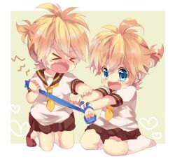  &gt;_&lt; 2boys ^_^ ^q^ aged_down bad_id bad_pixiv_id blonde_hair blue_eyes blush clone closed_eyes kagamine_len kaito_(vocaloid) male_focus multiple_boys oerba_yun_fang open_mouth puppet sitting tears touyama_soboro vocaloid 