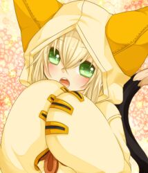  1boy :o animal_ears bad_id bad_pixiv_id blazblue blonde_hair blush cat_tail coat commentary_request cosplay fake_animal_ears green_eyes hood jin_kisaragi male_focus narina open_mouth solo tail taokaka taokaka_(cosplay) 