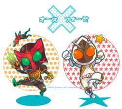  2boys ankh_(ooo) antennae belt chibi claws clenched_hands commentary_request facing_viewer fist_pump jumping kamen_rider kamen_rider_fourze kamen_rider_fourze_(series) kamen_rider_ooo kamen_rider_ooo_(series) leg_up multiple_boys pointing polka_dot polka_dot_background sanjou_sorata star_(symbol) starry_background 