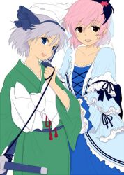  2girls bad_link blue_eyes bow chikado collarbone colorized grey_hair hair_ornament hairband japanese_clothes kimono konpaku_youmu multiple_girls open_mouth pink_hair red_eyes saigyouji_yuyuko sheath sheathed short_hair simple_background smile sword touhou veil weapon 