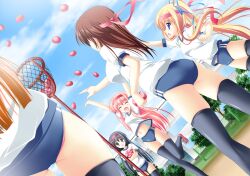  5girls :o ^_^ arms_up ass ball_toss basket bean_bag black_hair black_legwear blonde_hair blue_eyes brown_hair buruma closed_eyes cloud commentary_request day dutch_angle from_behind gym_uniform hair_ribbon hairband kamiya_tomoe leg_lift long_hair midriff multiple_girls navel orange_hair original photoshop_(medium) pink_hair ribbon sky sports_festival thigh_gap thighhighs throwing twintails 