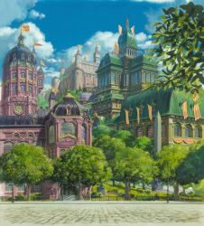  building castle city cityscape cloud day fence flag howl_no_ugoku_shiro lamp no_humans official_art outdoors pavement road scenery sky street traditional_media tree 