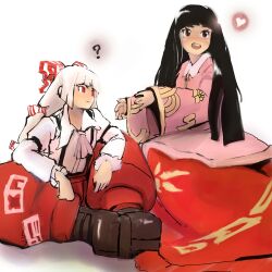  2girls ? ascot black_eyes black_hair blunt_bangs bow commentary_request fujiwara_no_mokou hairbow heart highres hime_cut houraisan_kaguya long_hair long_skirt long_sleeves mikumikudance multiple_girls no_nose red_eyes skirt touhou white_hair wide_sleeves yuzmit 